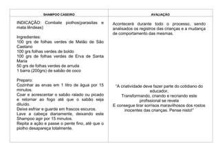 SHAMPOO CASEIRO                                        AVALIAÇÃO

INDICAÇÃO: Combate piolhos(parasitas e          Acontecerá durante todo o processo, sendo
mata lêndeas)                                   analisados os registros das crianças e a mudança
                                                de comportamento das mesmas.
Ingredientes:
100 grs de folhas verdes de Melão de São
Caetano
100 grs folhas verdes de boldo
100 grs de folhas verdes de Erva de Santa
Maria
50 grs de folhas verdes de arruda
1 barra (200grs) de sabão de coco

Preparo:
Cozinhar as ervas em 1 litro de água por 15      “A criatividade deve fazer parte do cotidiano do
minutos.                                                             educador,
Coar e acrescentar o sabão ralado ou picado         Transformando, criando e recriando este
e retornar ao fogo até que o sabão seja                        profissional se revela
diluído.                                        E consegue tirar sorrisos maravilhosos dos rostos
Deixe esfriar e guarde em frascos escuros.            inocentes das crianças. Pense nisto!”
Lave a cabeça diariamente, deixando este
Shampoo agir por 15 minutos.
Repita a ação e passe o pente fino, até que o
piolho desapareça totalmente.
 