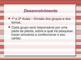 Desenvolvimento
   1ª e 2ª Aulas – Divisão dos grupos e dos
    temas;
   Cada grupo será responsável por uma
    parte da planta, sobre a qual irá pesquisar,
    trazer amostras e confeccionar o seu
    cartaz;
 