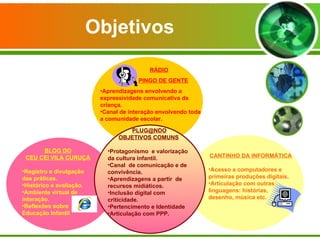 Objetivos [email_address] OBJETIVOS COMUNS Protagonismo  e valorização da cultura infantil. Canal  de comunicação e de convivência. Aprendizagens a partir  de recursos midiáticos. Inclusão digital com criticidade. Pertencimento e Identidade Articulação com PPP. RÁDIO   PINGO DE GENTE Aprendizagens envolvendo a expressividade comunicativa da criança. Canal de interação envolvendo toda a comunidade escolar. BLOG DO CEU CEI VILA CURUÇÁ Registro e divulgação das práticas. Histórico e avaliação. Ambiente virtual de interação. Reflexões sobre Educação Infantil CANTINHO DA INFORMÁTICA Acesso a computadores e primeiras produções digitais. Articulação com outras linguagens: histórias, desenho, música etc. 