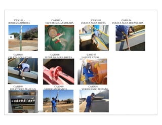 CASO 01 -                       CASO 02 -                 CASO 03               CASO 04
BOMBA SUBMERSA                 ELEVAR ÁGUA CLORADA    COLETA ÁGUA BRUTA     COLETA ÁGUA DECANTADA




   CASO 05                        CASO 06                CASO 07
COLETA ÀGUA COAG              FLÚOR NA ÀGUA BRUTA     LAYOUT ATUAL




   CASO 08                            CASO 09              CASO 10
 RELATÓRIOS MANUAIS           VERIFICANDO NÍVEL       VERIFICANDO PRESSÃO




   embasa – UNI-O ETA- IBITITÁ 2010                  30
 