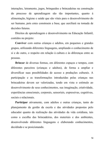 14
interações, letramento, jogos, brinquedos e brincadeiras na construção
do processo de aprendizagem são tão importantes, quanto à
alimentação, higiene e saúde que são vitais para o desenvolvimento do
ser humano, pois estes constroem a base, que auxiliará na tomada de
decisões futuras.
Direitos de aprendizagem e desenvolvimento na Educação Infantil,
contidos no projeto:
Conviver com outras crianças e adultos, em pequenos e grandes
grupos, utilizando diferentes linguagens, ampliando o conhecimento de
si e do outro, o respeito em relação à cultura e às diferenças entre as
pessoas.
Brincar de diversas formas, em diferentes espaços e tempos, com
diferentes parceiros (crianças e adultos), de forma a ampliar e
diversificar suas possibilidades de acesso a produções culturais. A
participação e as transformações introduzidas pelas crianças nas
brincadeiras devem ser valorizadas, tendo em vista o estímulo ao
desenvolvimento de seus conhecimentos, sua imaginação, criatividade,
experiências emocionais, corporais, sensoriais, expressivas, cognitivas,
sociais e relacionais.
Participar ativamente, com adultos e outras crianças, tanto do
planejamento da gestão da escola e das atividades propostas pelo
educador quanto da realização das atividades da vida cotidiana, tais
como a escolha das brincadeiras, dos materiais e dos ambientes,
desenvolvendo diferentes linguagens e elaborando conhecimentos,
decidindo e se posicionando.
 