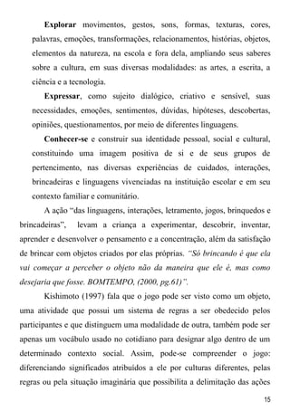 15
Explorar movimentos, gestos, sons, formas, texturas, cores,
palavras, emoções, transformações, relacionamentos, histórias, objetos,
elementos da natureza, na escola e fora dela, ampliando seus saberes
sobre a cultura, em suas diversas modalidades: as artes, a escrita, a
ciência e a tecnologia.
Expressar, como sujeito dialógico, criativo e sensível, suas
necessidades, emoções, sentimentos, dúvidas, hipóteses, descobertas,
opiniões, questionamentos, por meio de diferentes linguagens.
Conhecer-se e construir sua identidade pessoal, social e cultural,
constituindo uma imagem positiva de si e de seus grupos de
pertencimento, nas diversas experiências de cuidados, interações,
brincadeiras e linguagens vivenciadas na instituição escolar e em seu
contexto familiar e comunitário.
A ação “das linguagens, interações, letramento, jogos, brinquedos e
brincadeiras”, levam a criança a experimentar, descobrir, inventar,
aprender e desenvolver o pensamento e a concentração, além da satisfação
de brincar com objetos criados por elas próprias. “Só brincando é que ela
vai começar a perceber o objeto não da maneira que ele é, mas como
desejaria que fosse. BOMTEMPO, (2000, pg.61)”.
Kishimoto (1997) fala que o jogo pode ser visto como um objeto,
uma atividade que possui um sistema de regras a ser obedecido pelos
participantes e que distinguem uma modalidade de outra, também pode ser
apenas um vocábulo usado no cotidiano para designar algo dentro de um
determinado contexto social. Assim, pode-se compreender o jogo:
diferenciando significados atribuídos a ele por culturas diferentes, pelas
regras ou pela situação imaginária que possibilita a delimitação das ações
 