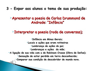 3 - Expor aos alunos o tema de sua produção:3 - Expor aos alunos o tema de sua produção:
Apresentar a poesia de Carlos Drummond deApresentar a poesia de Carlos Drummond de
Andrade: “Infância”Andrade: “Infância”
Interpretar a poesia (roda de conversas);Interpretar a poesia (roda de conversas);
Infância em Minas Gerais;Infância em Minas Gerais;
Locais e ações que eram rotineirasLocais e ações que eram rotineiras
Lembrança de ações do pai;Lembrança de ações do pai;
Lembranças e ações da mãe;Lembranças e ações da mãe;
A ligação de sua vida com a de Robinson Crusoe (Obra de Defoe);A ligação de sua vida com a de Robinson Crusoe (Obra de Defoe);
Sensação de estar perdido em terra desconhecida;Sensação de estar perdido em terra desconhecida;
Comparar sua condição de descobridor de mundo novoComparar sua condição de descobridor de mundo novo..
 