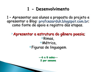 1 – Apresentar aos alunos a proposta do projeto e1 – Apresentar aos alunos a proposta do projeto e
apresentar o Blog:apresentar o Blog: profcesarduk.blogspot.com.brprofcesarduk.blogspot.com.br;;
como fonte de apoio e registro das etapas.como fonte de apoio e registro das etapas.
Apresentar a estrutura do gênero poesia;Apresentar a estrutura do gênero poesia;
Rimas,Rimas,
Métrica,Métrica,
Figuras de linguagemFiguras de linguagem..
--6 a 8 aulas----6 a 8 aulas--
2 por semana2 por semana
 
