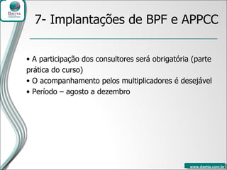 A participação dos consultores será obrigatória (parte prática do curso) O acompanhamento pelos multiplicadores é desejável Período – agosto a dezembro  7- Implantações de BPF e APPCC 