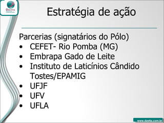 Estratégia de ação Parcerias (signatários do Pólo) CEFET- Rio Pomba (MG) Embrapa Gado de Leite Instituto de Laticínios Cândido Tostes/EPAMIG UFJF UFV   UFLA  