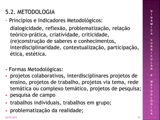 5.2. METODOLOGIA
– Princípios e Indicadores Metodológicos:
dialogicidade, reflexão, problematização, relação
teórico-prática, criatividade, criticidade,
(re)construção de saberes e conhecimentos,
interdisciplinaridade, contextualização, participação,
ética, estética.
- Formas Metodológicas:
 projetos colaborativos, interdisciplinares projetos de
ensino, projetos de trabalho, projetos via tema, rede
temática ou complexo temático, projetos de pesquisa;
 pesquisa de campo
 trabalhos individuais, trabalhos em grupo;
 problematização da realidade;
D
I
N
Â
M
I
C
A
C
U
R
R
I
C
U
L
A
R
E
M
E
T
O
D
L
Ó
G
I
C
A
20/05/2012 17
 