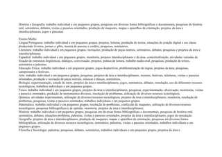 História e Geografia: trabalho individual e em pequenos grupos, pesquisas em diversas fontes bibliográficas e documentais, pesquisas de história
oral, seminários, debates, visitas e passeios orientados, produção de maquetes, mapas e aparelhos de orientação, projetos da área e
interdisciplinares, jogos e gincanas.
Ensino Médio
Língua Portuguesa: trabalho individual e em pequenos grupos, projetos, leituras, produção de textos, situações de criação digital e em classe
produzindo livretos, jornais e gibis, mostra de poesias e cordéis, pesquisas, seminários.
Literatura: trabalho individual e em pequenos grupos, recriações, produção de peças teatrais, seminários, debates, pesquisas e projetos da área e
interdisciplinares.
Espanhol: trabalho individual e em pequenos grupos, monitoria, projetos interdisciplinares e da área, contextualização, atividades variadas de
fixação de estruturas lingüísticas, diálogos, conversação, projetos, prática de leitura, trabalho áudio-oral, pesquisas, produção de textos,
seminários e palestras.
Educação Física: trabalho individual e em pequenos grupos, jogos desportivos, problematização de regras, projetos da área, pesquisas,
campeonatos e festivais.
Arte: trabalho individual e em pequenos grupos, pesquisas, projetos da área e interdisciplinares, mostras, festivais, releituras, visitas e passeios
orientados, produção e recriação de peças teatrais, músicas e danças, seminários.
Biologia: experimentação, estudo do meio, projetos da área e interdisciplinares, jogos, seminários, debates, simulação, uso de diferentes recursos
tecnológicos, trabalhos individuais e em pequenos grupos.
Física: trabalho individual e em pequenos grupos, projetos da área e interdisciplinares, pesquisas, experimentação, observação, monitorias, visitas
e passeios orientados, produção de instrumentos diversos, resolução de problemas, utilização de diversos recursos tecnológicos.
Química: atividades experimentais, utilização de diversos recursos tecnológicos, projetos da área e interdisciplinares, monitoria, resolução de
problemas, pesquisas, visitas e passeios orientados, trabalhos individuais e em pequenos grupos.
Matemática: trabalho individual e em pequenos grupos, resolução de problemas, confecção de maquetes, utilização de diversos recursos
tecnológicos, pesquisas bibliográficas e de opinião, monitoria, projetos da área e interdisciplinares.
História: trabalho individual e em pequenos grupos, pesquisas em diversas fontes bibliográficas e documentais, pesquisas de história oral,
seminários, debates, situações-problema, palestras, visitas e passeios orientados, projetos da área e interdisciplinares, jogos de simulação.
Geografia: projetos da área e interdisciplinares, produção de maquetes, mapas e aparelhos de orientação, pesquisas em diversas fontes
bibliográficas, utilização de diversos recursos tecnológicos, seminários, palestras, visitas e passeios orientados, trabalhos individuais e em
pequenos grupos.
Filosofia e Sociologia: palestras, pesquisas, debates, seminários, trabalhos individuais e em pequenos grupos, projetos da área e
 