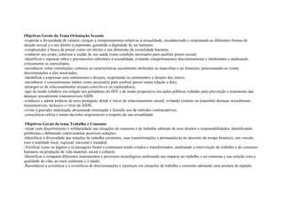 Objetivos Gerais do Tema Orientação Sexuais
-respeitar a diversidade de valores, crenças e comportamentos relativos à sexualidade, reconhecendo e respeitando as diferentes formas de
atração sexual e o seu direito à expressão, garantida a dignidade do ser humano;
-compreender a busca de prazer como um direito e sua dimensão da sexualidade humana;
-conhecer seu corpo, valorizar e cuidar de sua saúde como condição necessária para usufruir prazer sexual;
-identificar e repensar tabus e preconceitos referentes à sexualidade, evitando comportamentos discriminatórios e intolerantes e analisando
criticamente os estereótipos;
-reconhecer como construções culturais as características socialmente atribuídas ao masculino e ao feminino, posicionando-se contra
discriminações a eles associadas;
-identificar e expressar seus sentimentos e desejos, respeitando os sentimentos e desejos dos outros;
-reconhecer o consentimento mútuo como necessário para usufruir prazer numa relação a dois;
-proteger-se de relacionamentos sexuais coercitivos ou exploradores;
-agir de modo solidário em relação aos portadores do HIV e de modo propositivo em ações públicas voltadas para prevenção e tratamento das
doenças sexualmente transmissíveis/AIDS;
-conhecer e adotar práticas de sexo protegido, desde o início do relacionamento sexual, evitando contrair ou transmitir doenças sexualmente
transmissíveis, inclusive o vírus da AIDS;
-evitar a gravidez indesejada, procurando orientação e fazendo uso de métodos contraceptivos;
-consciência crítica e tomar decisões responsáveis a respeito de sua sexualidade.
Objetivos Gerais do tema Trabalho e Consumo
-Atuar com discernimento e solidariedade nas situações de consumo e de trabalho sabendo de seus direitos e responsabilidades, identificando
problemas e debatendo coletivamente possíveis soluções;
-Identificar a diversidade das relações de trabalho existentes, suas transformações e permanências no decorrer do tempo histórico, seu vínculo
com a realidade local, regional, nacional e mundial;
-Verificar como os lugares e as paisagens foram e continuam sendo criados e transformados, analisando a intervenção do trabalho e do consumo
humanos na produção da vida material, social e cultural;
-Identificar e comparar diferentes instrumentos e processos tecnológicos analisando seu impacto no trabalho e no consumo e sua relação com a
qualidade de vida, ao meio ambiente e à saúde;
-Reconhecer a existência e a ocorrência de discriminações e injustiças em situações de trabalho e consumo adotando uma postura de repúdio
 