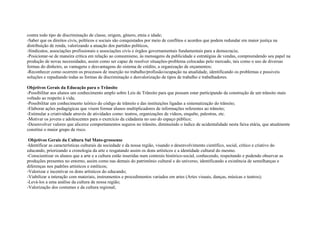 contra todo tipo de discriminação de classe, origem, gênero, etnia e idade;
-Saber que os direitos civis, políticos e sociais são conquistados por meio de conflitos e acordos que podem redundar em maior justiça na
distribuição de renda, valorizando a atuação dos partidos políticos,
-Sindicatos, associações profissionais e associações civis e órgãos governamentais fundamentais para a democracia;
-Posicionar-se de maneira crítica em relação ao consumismo, às mensagens da publicidade e estratégias de vendas, compreendendo seu papel na
produção de novas necessidades, assim como ser capaz de resolver situações-problema colocadas pelo mercado, tais como o uso de diversas
formas do dinheiro, as vantagens e desvantagens do sistema de crédito, a organização de orçamentos;
-Reconhecer como ocorrem os processos de inserção no trabalho/profissão/ocupação na atualidade, identificando os problemas e possíveis
soluções e repudiando todas as formas de discriminação e desvalorização de tipos de trabalho e trabalhadores.
Objetivos Gerais da Educação para o Trânsito
-Possibilitar aos alunos um conhecimento amplo sobre Leis de Trânsito para que possam estar participando da construção de um trânsito mais
voltado ao respeito à vida;
-Possibilitar um conhecimento teórico do código de trânsito e das instituições ligadas a sistematização do trânsito;
-Elaborar ações pedagógicas que visem formar alunos multiplicadores de informações referentes ao trânsito;
-Estimular a criatividade através de atividades como: teatros, organizações de vídeos, enquête, palestras, etc.
-Motivar os jovens e adolescentes para o exercício da cidadania no uso do espaço público;
-Desenvolver valores que alicerce comportamentos seguros no trânsito, diminuindo o índice de acidentalidade nesta faixa etária, que atualmente
constitui o maior grupo de risco.
Objetivos Gerais da Cultura Sul Mato-grossense
-Identificar as características culturais da sociedade e da nossa região, visando o desenvolvimento científico, social, crítico e criativo do
educando, priorizando a cronologia da arte e resgatando assim os dons artísticos e a identidade cultural do mesmo.
-Conscientizar os alunos que a arte e a cultura estão inseridas num contexto histórico-social, conhecendo, respeitando e podendo observar as
produções presentes no entorno, assim como nas demais do patrimônio cultural e do universo, identificando a existência de semelhanças e
diferenças nos padrões artísticos e estéticos;
-Valorizar e incentivar os dons artísticos do educando;
-Viabilizar a interação com materiais, instrumentos e procedimentos variados em artes (Artes visuais, danças, músicas e teatros);
-Levá-los a uma análise da cultura de nossa região;
-Valorização dos costumes e da cultura regional;
 