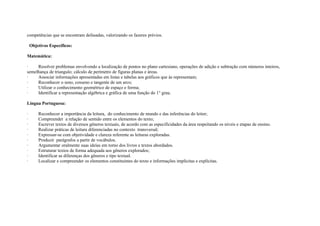 competências que se encontram defasadas, valorizando os fazeres prévios.
Objetivos Específicos:
Matemática:
· Resolver problemas envolvendo a localização de pontos no plano cartesiano, operações de adição e subtração com números inteiros,
semelhança de triangulo; cálculo de perímetro de figuras planas e áreas.
· Associar informações apresentadas em listas e tabelas aos gráficos que às representam;
· Reconhecer o seno, cosseno e tangente de um arco;
· Utilizar o conhecimento geométrico de espaço e forma;
· Identificar a representação algébrica e gráfica de uma função do 1° grau.
Língua Portuguesa:
· Reconhecer a importância da leitura, do conhecimento de mundo e das inferências do leitor;
· Compreender a relação de sentido entre os elementos do texto;
· Escrever textos de diversos gêneros textuais, de acordo com as especificidades da área respeitando os níveis e etapas de ensino.
· Realizar práticas de leitura diferenciadas no contexto transversal;
· Expressar-se com objetividade e clareza referente as leituras exploradas.
· Produzir parágrafos a partir de vocábulos.
· Argumentar oralmente suas ideias em torno dos livros e textos abordados.
· Estruturar textos de forma adequada aos gêneros explorados;
· Identificar as diferenças dos gêneros e tipo textual.
· Localizar e compreender os elementos constituintes do texto e informações implícitas e explícitas.
 