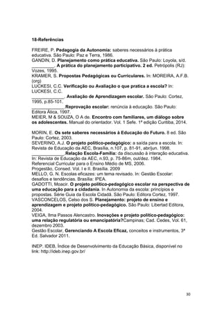 30
18-Referências
FREIRE, P. Pedagogia da Autonomia: saberes necessários à prática
educativa. São Paulo: Paz e Terra, 1986.
GANDIN, D. Planejamento como prática educativa. São Paulo: Loyola, s/d.
_________. A prática do planejamento participativo. 2 ed. Petrópolis (RJ):
Vozes, 1995.
KRAMER, S. Propostas Pedagógicas ou Curriculares. In: MOREIRA, A.F.B.
(org)
LUCKESI, C.C. Verificação ou Avaliação o que pratica a escola? In:
LUCKESI, C.C.
_____________. Avaliação de Aprendizagem escolar. São Paulo: Cortez,
1995, p.85-101.
_____________.Reprovação escolar: renúncia à educação. São Paulo:
Editora Ática, 1997.
MEIER, M & SOUZA, O A de. Encontro com familiares, um diálogo sobre
os adolescentes. Manual do orientador. Vol. 1 Sefe. 1ª edição Curitiba, 2014.
MORIN, E. Os sete saberes necessários à Educação do Futuro. 8 ed. São
Paulo: Cortez, 2003.
SEVERINO, A.J. O projeto político-pedagógico: a saída para a escola. In:
Revista de Educação da AEC, Brasília, n.107, p. 81-91, abr/jun. 1998.
_____________.Relação Escola-Família: da discussão à interação educativa.
In: Revista de Educação da AEC, n.93, p. 75-86m, out/dez. 1984.
Referencial Curricular para o Ensino Médio de MS, 2006.
Progestão, Consed. Vol. I e II. Brasília. 2009
MELLO, G. N. Escolas eficazes: um tema revisado. In: Gestão Escolar:
desafios e tendências. Brasília: IPEA.
GADOTTI, Moacir. O projeto político-pedagógico escolar na perspectiva de
uma educação para a cidadania. In Autonomia da escola: princípios e
propostas. Série Guia da Escola Cidadã. São Paulo: Editora Cortez, 1997.
VASCONCELOS, Celso dos S. Planejamento: projeto de ensino e
aprendizagem e projeto político-pedagógico. São Paulo: Libertad Editora,
2004.
VEIGA, Ilma Passos Alencastro. Inovações e projeto político-pedagógico:
uma relação regulatória ou emancipatória?Campinas; Cad. Cedes, Vol. 61,
dezembro 2003.
Gestão Escolar, Gerenciando A Escola Eficaz, conceitos e instrumentos, 3ª
Ed. Salvador 2011.
INEP. IDEB, Índice de Desenvolvimento da Educação Básica, disponível no
link: http://ideb.inep.gov.br/
 