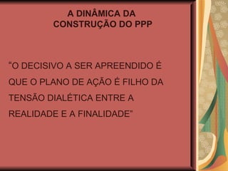 A DINÂMICA DA  CONSTRUÇÃO DO PPP “ O DECISIVO A SER APREENDIDO É QUE O PLANO DE AÇÃO É FILHO DA TENSÃO DIALÉTICA ENTRE A REALIDADE E A FINALIDADE” 