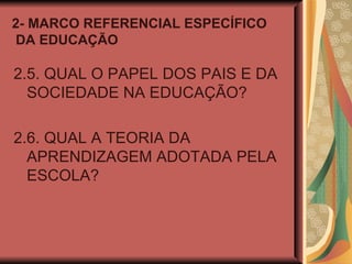 2- MARCO REFERENCIAL ESPECÍFICO  DA EDUCAÇÃO 2.5. QUAL O PAPEL DOS PAIS E DA SOCIEDADE NA EDUCAÇÃO? 2.6. QUAL A TEORIA DA APRENDIZAGEM ADOTADA PELA ESCOLA? 