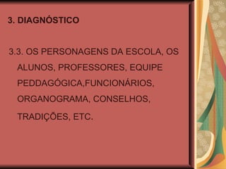 3. DIAGNÓSTICO 3.3. OS PERSONAGENS DA ESCOLA, OS ALUNOS, PROFESSORES, EQUIPE PEDDAGÓGICA,FUNCIONÁRIOS, ORGANOGRAMA, CONSELHOS, TRADIÇÕES, ETC . 