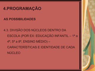 4.PROGRAMAÇÃO AS POSSIBILIDADES 4.3. DIVISÃO DOS NÚCLEOS DENTRO DA ESCOLA (POR EX: EDUCAÇÃO INFANTIL – 1ª a 4ª, 5ª a 8ª, ENSINO MÉDIO) – CARACTERÍSTICAS E IDENTIDADE DE CADA NÚCLEO 