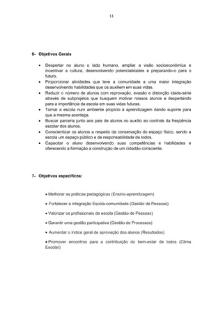 11




6- Objetivos Gerais

      Despertar no aluno o lado humano, ampliar a visão socioeconômica e
      incentivar a cultura, desenvolvendo potencialidades e preparando-o para o
      futuro.
      Proporcionar atividades que leve a comunidade a uma maior integração
      desenvolvendo habilidades que os auxiliem em suas vidas.
      Reduzir o número de alunos com reprovação, evasão e distorção idade-série
      através de subprojetos que busquem motivar nossos alunos e despertando
      para a importância da escola em suas vidas futuras.
      Tornar a escola num ambiente propício à aprendizagem dando suporte para
      que a mesma aconteça.
      Buscar parceria junto aos pais de alunos no auxílio ao controle da freqüência
      escolar dos alunos.
      Conscientizar os alunos a respeito da conservação do espaço físico, sendo a
      escola um espaço público e de responsabilidade de todos.
      Capacitar o aluno desenvolvendo suas competências e habilidades e
      oferecendo a formação a construção de um cidadão consciente.




7- Objetivos específicos:



        Melhorar as práticas pedagógicas (Ensino-aprendizagem)

        Fortalecer a integração Escola-comunidade (Gestão de Pessoas)

        Valorizar os profissionais da escola (Gestão de Pessoas)

        Garantir uma gestão participativa (Gestão de Processos)

        Aumentar o índice geral de aprovação dos alunos (Resultados)

       Promover encontros para a contribuição do bem-estar de todos (Clima
      Escolar)
 