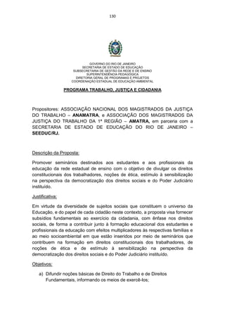 130




                             GOVERNO DO RIO DE JANEIRO
                          SECRETARIA DE ESTADO DE EDUCAÇÃO
                     SUBSECRETARIA DE GESTÃO DA REDE E DE ENSINO
                            SUPERINTENDÊNCIA PEDAGÓGICA
                      DIRETORIA GERAL DE PROGRAMAS E PROJETOS
                    COORDENAÇÃO ESTADUAL DE EDUCAÇÃO AMBIENTAL

                 PROGRAMA TRABALHO, JUSTIÇA E CIDADANIA



Propositores: ASSOCIAÇÃO NACIONAL DOS MAGISTRADOS DA JUSTIÇA
DO TRABALHO – ANAMATRA, e ASSOCIAÇÃO DOS MAGISTRADOS DA
JUSTIÇA DO TRABALHO DA 1ª REGIÃO – AMATRA, em parceria com a
SECRETARIA DE ESTADO DE EDUCAÇÃO DO RIO DE JANEIRO –
SEEDUC/RJ.



Descrição da Proposta:

Promover seminários destinados aos estudantes e aos profissionais da
educação da rede estadual de ensino com o objetivo de divulgar os direitos
constitucionais dos trabalhadores, noções de ética, estímulo à sensibilização
na perspectiva da democratização dos direitos sociais e do Poder Judiciário
instituído.

Justificativa:

Em virtude da diversidade de sujeitos sociais que constituem o universo da
Educação, e do papel de cada cidadão neste contexto, a proposta visa fornecer
subsídios fundamentais ao exercício da cidadania, com ênfase nos direitos
sociais, de forma a contribuir junto à formação educacional dos estudantes e
profissionais da educação com efeitos multiplicadores às respectivas famílias e
ao meio socioambiental em que estão inseridos por meio de seminários que
contribuem na formação em direitos constitucionais dos trabalhadores, de
noções de ética e de estímulo à sensibilização na perspectiva da
democratização dos direitos sociais e do Poder Judiciário instituído.

Objetivos:

   a) Difundir noções básicas de Direito do Trabalho e de Direitos
      Fundamentais, informando os meios de exercê-los;
 