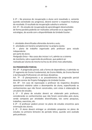 30




§ 2º – No processo de recuperação o aluno será reavaliado e, somente
quando constatado seu progresso, deverá ocorrer a respectiva mudança
do resultado. O resultado da recuperação substitui o anterior.
Art. 5º – Os estudos de recuperação da aprendizagem desenvolvidos
de forma paralela poderão ser realizados utilizando-se as seguintes
estratégias, de acordo com a disponibilidade da Unidade Escolar:




I - atividades diversificadas oferecidas durante a aula;
II - atividades em horário complementar na própria escola;
III - plano de trabalho organizado pelo professor para estudo
independente
por parte do aluno.
Parágrafo Único – Nos casos dos incisos I e II, admite-se o sistema
de monitoria, sob a supervisão do professor, que poderá ser
realizada por alunos da mesma turma ou de séries mais adiantadas.

DA PROGRESSÃO PARCIAL
Art. 6º - A progressão parcial, sob a forma de dependência, é admitida no
2º segmento do Ensino Fundamental, do Ensino Médio, do Ensino Normal
e da Educação Profissional, em até duas disciplinas.
Art. 7º - O planejamento e os procedimentos da progressão parcial
deverão constar do Projeto Pedagógico da Unidade Escolar.
Art. 8º - Em caso de reprovação o professor da respectiva disciplina
apresentará relatório sobre o desempenho do aluno, especificando os
conhecimentos que não foram construídos, com vistas à elaboração de
um plano de estudos.
§ 1º - O plano de estudos deverá ser elaborado pelo professor,
considerando os conhecimentos que não foram construídos pelo aluno,
sendo composto por atividades diversificadas, tais como pesquisas,
trabalhos, exercícios, etc.
§ 2º - O professor poderá prever no plano de estudos encontros para
orientação dos alunos.
§ 3º - O aluno deverá entregar as atividades propostas no plano de
estudos no primeiro bimestre do período letivo, quando será avaliado
pelo professor.
 
