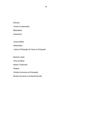 46




Oficinas:

Ensino Fundamental:

Matemática

Letramento



Ensino Médio

Matemática

Leitura e Produção de Texto ou Português



Esporte e lazer

Tênis de Mesa

Xadrez Tradicional

Voleibol

Direitos Humanos em Educação

Direitos Humanos e Ambiente Escolar
 