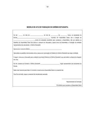 59




                         MODELO DE ATA DE FUNDAÇÃO DO GRÊMIO ESTUDANTIL



Ao dia ______ do mês de ____________________ do não de ___________ às __________ horas, os estudantes da
Escola__________________________________________________, reunidos em Assembléia Geral, sob a direção de
_________________________________(nome do estudante escolhido para coordenar a Assembléia), dão por abertos os
trabalhos da Assembléia Geral dos alunos e colocam em discussão a pauta única da Assembléia: a fundação da entidade
representativa dos estudantes, o Grêmio Estudantil.

Aprovou-se o nome do Grêmio ________________________________________________.

Aprovadas as questões mencionadas acima, passou-se à aprovação do Estatuto do Grêmio Estudantil que rege a entidade.

A seguir, iniciou-se a discussão para a eleição da primeira Diretoria do Grêmio Estudantil, que será eleita na disputa de chapa(s)
em urna.

Por fim, declarou-se fundado o Grêmio Estudantil _____________________________, órgão representativo dos estudantes da
Escola.

Nada mais havendo para tratar no momento, encerrou-se a Assembléia Geral e a presente Ata.

Para fins de direito, segue a presente Ata devidamente assinada.

                                                                                            ______________________________

                                                                                                     Representante da Comissão

                                                                                  Pró-Grêmio que coordenou a Assembléia Geral
 