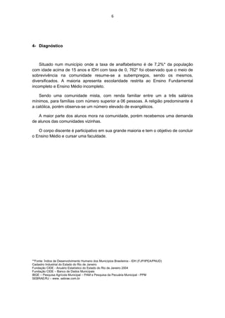 6




4- Diagnóstico



    Situado num município onde a taxa de analfabetismo é de 7,2%* da população
com idade acima de 15 anos e IDH com taxa de 0, 762* foi observado que o meio de
sobrevivência na comunidade resume-se a subempregos, sendo os mesmos,
diversificados. A maioria apresenta escolaridade restrita ao Ensino Fundamental
incompleto e Ensino Médio incompleto.

    Sendo uma comunidade mista, com renda familiar entre um a três salários
mínimos, para famílias com número superior a 06 pessoas. A religião predominante é
a católica, porém observa-se um número elevado de evangélicos.

   A maior parte dos alunos mora na comunidade, porém recebemos uma demanda
de alunos das comunidades vizinhas.

   O corpo discente é participativo em sua grande maioria e tem o objetivo de concluir
o Ensino Médio e cursar uma faculdade.




**Fonte: Índice de Desenvolvimento Humano dos Municípios Brasileiros - IDH (FJP/IPEA/PNUD)
Cadastro Industrial do Estado do Rio de Janeiro
Fundação CIDE - Anuário Estatístico do Estado do Rio de Janeiro 2004
Fundação CIDE – Banco de Dados Municipais
IBGE – Pesquisa Agrícola Municipal – PAM e Pesquisa da Pecuária Municipal - PPM
SEBRAE/RJ – www. sebrae.com.br
 