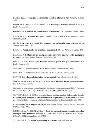 134




FREIRE, Paulo. Pedagogia da autonomia à pratica educativa. São Paulo:Paz e Terra,
1996.

GADOTTI, M.; FREIRE, P.; GUIMARÃES, S. Pedagogia: diálogo e conflito. 5. ed. São
Paulo: Cortez, 2000.

GANDIN, D. A prática do planejamento participativo. 2.ed. Petrópolis: Vozes, 1994.

LIBÂNEO, J. C. Organização e gestão escolar: teoria e prática. 4. ed. Goiânia: Editora
alternativa, 2001.

GLAT, R. A Integração social dos portadores de deficiência: uma reflexão. Rio de
Janeiro: Sette Letras, 1995.

LUCK, H. Planejamento em orientação educacional. 10. ed. Petrópolis: Vozes, 1991.

PADILHA, R. P. Planejamento dialógico: como construir o projeto político-pedagógico
da escola. São Paulo: Cortez; Instituto Paulo Freire, 2001.

MANTOAN, Maria Tereza Eglêr. Inclusão escolar: o que é? Por quê? Como fazer?. São
Paulo: Moderna 2003.

Mc LAREN, P. Multiculturalismo crítico. Rio de Janerio: Cortez Editora, 1998.

Mc LAREN, P. Multiculturalismo crítico. Rio de Janerio: Cortez Editora, 1998.

MITTLER, Peter. Educação Inclusiva: contexto social. Porto Alegre. Artmed, 2003.

NASCIMENTO, Márcia M. do; RAFFA, Ivete Raffa. Inclusão Social: primeiros passos.
São Paulo: Giracor, 2009.

O tradutor e intérprete de língua brasileira de sinais e língua portuguesa/SEESP; Programa
Nacional de Apoio à Educação de Surdos – Brasília: MEC; SEESP, 2004. 94p.

OLIVEIRA, E. S. G. & COSTA, M. A abordagem multiculturalista da Educação Especial
na formação do pedagogo – identidades feridas ou perspectivas de inclusão? - In Actas
do I Colóquio Luso – Brasileiro sobre questões curriculares. Lisboa, meio eletrônico, 2002.

PICHON-RIVIÈRE, E. O processo grupal. Trad. Marco Aurélio Fernandes. 4. ed. São Paulo:
Martins Fontes, 1991.

RHODEN, Kuno P. e GOUVÊA Sylvia F. Diretrizes nacionais para a educação especial na
educação básica Relatores: Processo N.º: 23001-000184/2001-92 Parecer N.º: 17/2001 -
Colegiado: CEB - Aprovado em: 03.07.2001.

SÁ, Elias Dais de. Verbete de Adaptações Curriculares, meio eletrônico, s/d
 