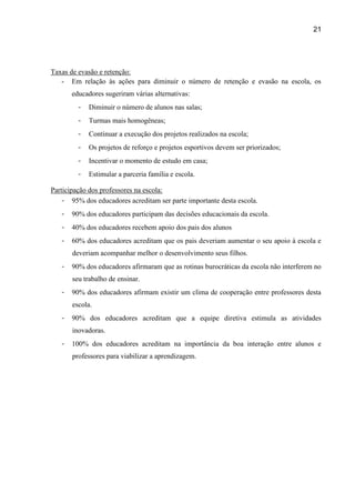21




Taxas de evasão e retenção:
   - Em relação às ações para diminuir o número de retenção e evasão na escola, os
       educadores sugeriram várias alternativas:
         -   Diminuir o número de alunos nas salas;
         -   Turmas mais homogêneas;
         -   Continuar a execução dos projetos realizados na escola;
         -   Os projetos de reforço e projetos esportivos devem ser priorizados;
         -   Incentivar o momento de estudo em casa;
         -   Estimular a parceria família e escola.

Participação dos professores na escola:
    - 95% dos educadores acreditam ser parte importante desta escola.
   -   90% dos educadores participam das decisões educacionais da escola.
   -   40% dos educadores recebem apoio dos pais dos alunos
   -   60% dos educadores acreditam que os pais deveriam aumentar o seu apoio à escola e
       deveriam acompanhar melhor o desenvolvimento seus filhos.
   -   90% dos educadores afirmaram que as rotinas burocráticas da escola não interferem no
       seu trabalho de ensinar.
   -   90% dos educadores afirmam existir um clima de cooperação entre professores desta
       escola.
   -   90% dos educadores acreditam que a equipe diretiva estimula as atividades
       inovadoras.
   -   100% dos educadores acreditam na importância da boa interação entre alunos e
       professores para viabilizar a aprendizagem.
 