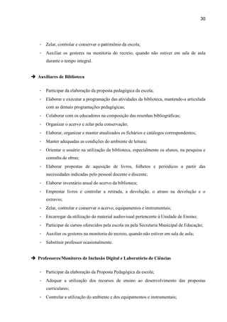 30




    -   Zelar, controlar e conservar o patrimônio da escola;
    -   Auxiliar os gestores na monitoria do recreio, quando não estiver em sala de aula
        durante o tempo integral.


 Auxiliares de Biblioteca


    -   Participar da elaboração da proposta pedagógica da escola;
    -   Elaborar e executar a programação das atividades da biblioteca, mantendo-a articulada
        com as demais programações pedagógicas;
    -   Colaborar com os educadores na composição das resenhas bibliográficas;
    -   Organizar o acervo e zelar pela conservação;
    -   Elaborar, organizar e manter atualizados os fichários e catálogos correspondentes;
    -   Manter adequadas as condições do ambiente de leitura;
    -   Orientar o usuário na utilização da biblioteca, especialmente os alunos, na pesquisa e
        consulta de obras;
    -   Elaborar propostas de aquisição de livros, folhetos e periódicos a partir das
        necessidades indicadas pelo pessoal docente e discente;
    -   Elaborar inventário anual do acervo da biblioteca;
    -   Emprestar livros e controlar a retirada, a devolução, o atraso na devolução e o
        extravio;
    -   Zelar, controlar e conservar o acervo, equipamentos e instrumentais;
    -   Encarregar da utilização do material audiovisual pertencente à Unidade de Ensino;
    -   Participar de cursos oferecidos pela escola ou pela Secretaria Municipal de Educação;
    -   Auxiliar os gestores na monitoria do recreio, quando não estiver em sala de aula;
    -   Substituir professor ocasionalmente.


 Professores/Monitores de Inclusão Digital e Laboratório de Ciências


    -   Participar da elaboração da Proposta Pedagógica da escola;
    -   Adequar a utilização dos recursos de ensino ao desenvolvimento das propostas
        curriculares;
    -   Controlar a utilização do ambiente e dos equipamentos e instrumentais;
 