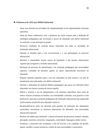 35




 Professores do AEE para Déficit Intelectual


    -   Atuar com docente nas atividades de complementação ou de suplementação curricular
        específica;
    -   Atuar de forma colaborativa com o professor da classe comum para a definição de
        estratégias pedagógicas que favoreçam o acesso do educando com déficit intelectual
        ao currículo e a sua interação no grupo;
    -   Promover condições de inclusão desses educandos em todas as atividades da
        instituição educacional;
    -   Orientar as famílias para o seu envolvimento e a sua participação no processo
        educacional;
    -   Informar à comunidade escolar acerca da legislação e das normas educacionais
        vigentes que asseguram a inclusão educacional;
    -   Participar do processo de identificação e de avaliação pedagógica das necessidades
        especiais e tomadas de decisões quanto ao apoio especializado necessário ao
        educando;
    -   Preparar material específico para o uso dos educandos na sala comum e na sala do
        atendimento para educandos com déficit intelectual.
    -   Orientar a elaboração de material didático-pedagógico que possa ser utilizados pelos
        educandos nas classes comuns do ensino regular;
    -   Indicar e orientar o uso de equipamentos e de materiais específicos, bem como de
        outros recursos existentes na família e na comunidade e articular, com gestores e com
        professores, para que a proposta pedagógica da instituição educacional seja organizada
        coletivamente em prol de uma educação inclusiva;
    -   Responsabilizar-se junto aos docentes pela garantia da realização das adequações
        curriculares necessárias ao processo educacional do educando com necessidade
        educacional especial;
    -   Realizar atividades que estimulem o desenvolvimento dos processos mentais: atenção,
        percepção, memória, raciocínio, imaginação, criatividade, linguagem, dentre outros;
    -   Fortalecer a autonomia dos estudantes a fim de levá-los a ter condições de decidir,
        opinar, escolher e tomar iniciativas, a partir de suas necessidades e motivações;
 