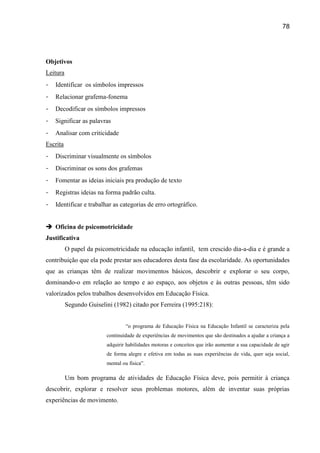 78




Objetivos
Leitura
-   Identificar os símbolos impressos
-   Relacionar grafema-fonema
-   Decodificar os símbolos impressos
-   Significar as palavras
-   Analisar com criticidade
Escrita
-   Discriminar visualmente os símbolos
-   Discriminar os sons dos grafemas
-   Fomentar as ideias iniciais pra produção de texto
-   Registras ideias na forma padrão culta.
-   Identificar e trabalhar as categorias de erro ortográfico.


 Oficina de psicomotricidade
Justificativa
          O papel da psicomotricidade na educação infantil, tem crescido dia-a-dia e é grande a
contribuição que ela pode prestar aos educadores desta fase da escolaridade. As oportunidades
que as crianças têm de realizar movimentos básicos, descobrir e explorar o seu corpo,
dominando-o em relação ao tempo e ao espaço, aos objetos e às outras pessoas, têm sido
valorizados pelos trabalhos desenvolvidos em Educação Física.
          Segundo Guiselini (1982) citado por Ferreira (1995:218):


                                  “o programa de Educação Física na Educação Infantil se caracteriza pela
                         continuidade de experiências de movimentos que são destinados a ajudar a criança a
                         adquirir habilidades motoras e conceitos que irão aumentar a sua capacidade de agir
                         de forma alegre e efetiva em todas as suas experiências de vida, quer seja social,
                         mental ou física”.

          Um bom programa de atividades de Educação Física deve, pois permitir à criança
descobrir, explorar e resolver seus problemas motores, além de inventar suas próprias
experiências de movimento.
 