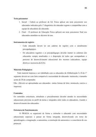 86




Teste psicomotor
      1. Inicial – Caberá ao professor de Ed. Física aplicar um teste psicomotor nos
             educandos indicados pelo 1º diagnóstico do educador regente e compartilhar com a
             equipe de educadores do educando.
      2. Final – O professor de Educação Física aplicará um teste psicomotor final nos
             educandos atendidos no decorrer do ano.


Instrumentos de registro
        -     Cada educando deverá ter um caderno de registro com o atendimento
              psicopedagógico.
        -     Os educadores regentes e os psicopedagogos deverão manter os cadernos dos
              educandos sempre atualizados e a disposição de todos que acompanham o
              processo de desenvolvimento educacional dos mesmos (educadores, equipe
              diretiva e assessoria da EJA).


Materiais Pedagógicos
    Todo material impresso a ser trabalhado com os educandos da Alfabetização I e II do 1º
segmento deverá ser com letra compatível a necessidade do educando: maiúscula, e tamanho
acima de 20 do computador.
Obs.: (Deverá ser apresentadas aos educandos outras formas de letra: minúscula, cursiva e
impressa).


Conteúdos
Os conteúdos conceituais, atitudinais e procedimentais deverão atender às necessidades
educacionais previstas no perfil da turma e integrados entre todos os educadores, visando o
desenvolvimento dos educandos.


Estrutura de Funcionamento
       O PRAEJA se organizará de forma a estimular o educando com necessidades
educacionais especiais a pensar de forma integrada, desenvolvendo em torno da
aprendizagem, a imaginação, a autoestima, a construção da autonomia e a consciência do seu
potencial.
 