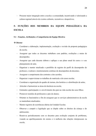 24

-

Procurar maior integração entre a escola e a comunidade, incentivando e valorizando a
cultura regional através de eventos culturais, recreativos e desportivos;

5– FUNÇÕES DOS MEMBROS DA EQUIPE PEDAGÓGICA DA
ESCOLA
5.1 – Funções, Atribuições e Competências da Equipe Diretiva
 Diretor
-

Coordenar a elaboração, implementação, avaliação e revisão da proposta pedagógica
da escola;

-

Assegurar que todos os docentes trabalhem com padrões, avaliações e metas de
desempenho;

-

Assegurar que cada docente elabore e aplique o seu plano anual de curso e o seu
planejamento de aula;

-

Organizar e manter atualizado o portifólio de registro do perfil de desempenho do
professor, e realizar o monitoramento contínuo do desempenhos do docentes;

-

Assegurar o cumprimento dos contratos e dos acordos;

-

Organizar e supervisionar os trabalhos de matrícula e do censo escolar;

-

Coordenar a organização do quadro de turmas, dos horários e a distribuição de aulas;

-

Articular e harmonizar as áreas de docência na escola;

-

Estimular a participação e o envolvimento dos pais na vida escolar dos seus filhos;

-

Promover reuniões de professores e pais de alunos;

-

Orientar os funcionários a fim de assegurar que os serviços administrativos da escola
se mantenham atualizados;

-

Manter registros de ocorrências diárias da Unidade Escolar;

-

Observar e cumprir a legislação que se dispõe sobre os direitos da criança e do
adolescente;

-

Reunir-se periodicamente com os docentes para avaliação conjunta de problemas,
visando ao aperfeiçoamento do ensino e à melhoria das relações interpessoais na
escola;

 