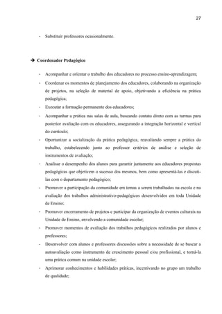 27

-

Substituir professores ocasionalmente.

 Coordenador Pedagógico
-

Acompanhar e orientar o trabalho dos educadores no processo ensino-aprendizagem;

-

Coordenar os momentos de planejamento dos educadores, colaborando na organização
de projetos, na seleção de material de apoio, objetivando a eficiência na prática
pedagógica;

-

Executar a formação permanente dos educadores;

-

Acompanhar a prática nas salas de aula, buscando contato direto com as turmas para
posterior avaliação com os educadores, assegurando a integração horizontal e vertical
do currículo;

-

Oportunizar a socialização da prática pedagógica, reavaliando sempre a prática do
trabalho, estabelecendo junto ao professor critérios de análise e seleção de
instrumentos de avaliação;

-

Analisar o desempenho dos alunos para garantir juntamente aos educadores propostas
pedagógicas que objetivem o sucesso dos mesmos, bem como apresentá-las e discutilas com o departamento pedagógico;

-

Promover a participação da comunidade em temas a serem trabalhados na escola e na
avaliação dos trabalhos administrativo-pedagógicos desenvolvidos em toda Unidade
de Ensino;

-

Promover encerramento de projetos e participar da organização de eventos culturais na
Unidade de Ensino, envolvendo a comunidade escolar;

-

Promover momentos de avaliação dos trabalhos pedagógicos realizados por alunos e
professores;

-

Desenvolver com alunos e professores discussões sobre a necessidade de se buscar a
autoavaliação como instrumento de crescimento pessoal e/ou profissional, e torná-la
uma prática comum na unidade escolar;

-

Aprimorar conhecimentos e habilidades práticas, incentivando no grupo um trabalho
de qualidade;

 