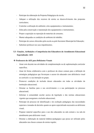 32

-

Participar da elaboração da Proposta Pedagógica da escola;

-

Adequar a utilização dos recursos de ensino ao desenvolvimento das propostas
curriculares;

-

Controlar a utilização do ambiente e dos equipamentos e instrumentais;

-

Zelar pela conservação e manutenção dos equipamentos e instrumentais;

-

Propor a aquisição ou reposição de materiais de consumo;

-

Manter adequadas as condições do ambiente de trabalho;

-

Participar de cursos oferecidos pela escola ou pela Secretaria Municipal de Educação;

-

Substituir professor nos seus impedimentos.

5.3– Funções, Atribuições e Competências dos Educadores do Atendimento Educacional
Especializado- AEE
 Professores do AEE para Deficientes Visuais
-

Atuar com docente nas atividades de complementação ou de suplementação curricular
específica;

-

Atuar de forma colaborativa com o professor da classe comum para a definição de
estratégias pedagógicas que favoreçam o acesso do educando com deficiência visual
ao currículo e a sua interação no grupo;

-

Promover condições de inclusão desses educandos em todas as atividades da
instituição educacional;

-

Orientar as famílias para o seu envolvimento e a sua participação no processo
educacional;

-

Informar à comunidade escolar acerca da legislação e das normas educacionais
vigentes que asseguram a inclusão educacional;

-

Participar do processo de identificação e de avaliação pedagógica das necessidades
especiais e tomadas de decisões quanto ao apoio especializado necessário ao deficiente
visual;

-

Preparar material específico para o uso dos educandos na sala comum e na sala do
atendimento para deficiente visual;

-

Orientar a elaboração de material didático-pedagógico que possa ser utilizado pelos
educandos nas classes comuns do ensino regular;

 