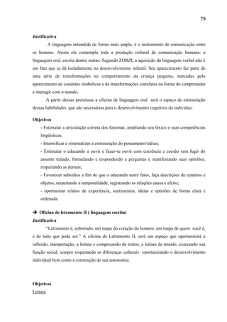79

Justificativa
A linguagem entendida de forma mais ampla, é o instrumento de comunicação entre
os homens. Assim ela contempla toda a produção cultural de comunicação humana: a
linguagem oral, escrita dentre outras. Segundo ZORZI, a aquisição da linguagem verbal não é
um fato que se dá isoladamente no desenvolvimento infantil. Seu aparecimento faz parte de
uma série de transformações no comportamento da criança pequena, marcadas pelo
aparecimento de condutas simbólicas e de transformações correlatas na forma de compreender
e interagir com o mundo.
A partir dessas premissas a oficina de linguagem oral será o espaço de estimulação
dessas habilidades que são necessárias para o desenvolvimento cognitivo do indivíduo.
Objetivos
- Estimular a articulação correta dos fonemas, ampliando seu léxico e suas competências
lingüísticas;
- Intensificar e sistematizar a estruturação do pensamento/idéias;
- Estimular o educando a ouvir e fazer-se ouvir com coerência e coesão sem fugir do
assunto tratado, formulando e respondendo a perguntas e manifestando suas opiniões,
respeitando as demais;
- Favorecer subsídios a fim de que o educando narre fatos, faça descrições de cenários e
objetos, respeitando a temporalidade, registrando as relações causa e efeito;
- oportunizar relatos de experiência, sentimentos, idéias e opiniões de forma clara e
ordenada.
 Oficina de letramento II ( linguagem escrita)
Justificativa
“Letramento é, sobretudo, um mapa do coração do homem, um mapa de quem você é,
e de tudo que pode ser.” A oficina de Letramento II, será um espaço que oportunizará a
reflexão, interpretação, a leitura e compreensão de textos, a leitura de mundo, exercendo sua
função social, sempre respeitando as diferenças culturais oportunizando o desenvolvimento
individual bem como a construção de sua autonomia.

Objetivos
Leitura

 