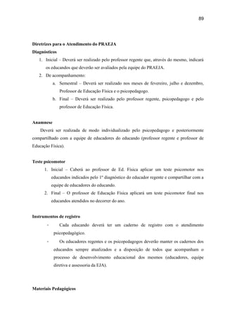 89

Diretrizes para o Atendimento do PRAEJA
Diagnósticos
1. Inicial – Deverá ser realizado pelo professor regente que, através do mesmo, indicará
os educandos que deverão ser avaliados pela equipe do PRAEJA.
2. De acompanhamento:
a. Semestral – Deverá ser realizado nos meses de fevereiro, julho e dezembro,
Professor de Educação Física e o psicopedagogo.
b. Final – Deverá ser realizado pelo professor regente, psicopedagogo e pelo
professor de Educação Física.
Anamnese
Deverá ser realizada de modo individualizado pelo psicopedagogo e posteriormente
compartilhado com a equipe de educadores do educando (professor regente e professor de
Educação Física).
Teste psicomotor
1. Inicial – Caberá ao professor de Ed. Física aplicar um teste psicomotor nos
educandos indicados pelo 1º diagnóstico do educador regente e compartilhar com a
equipe de educadores do educando.
2. Final – O professor de Educação Física aplicará um teste psicomotor final nos
educandos atendidos no decorrer do ano.
Instrumentos de registro
-

Cada educando deverá ter um caderno de registro com o atendimento
psicopedagógico.

-

Os educadores regentes e os psicopedagogos deverão manter os cadernos dos
educandos sempre atualizados e a disposição de todos que acompanham o
processo de desenvolvimento educacional dos mesmos (educadores, equipe
diretiva e assessoria da EJA).

Materiais Pedagógicos

 
