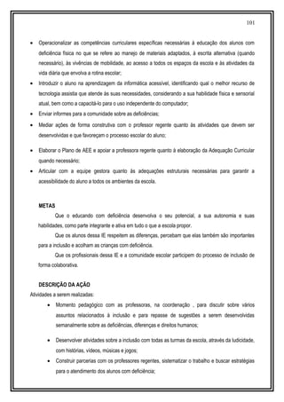 101
• Operacionalizar as competências curriculares específicas necessárias à educação dos alunos com
deficiência física no que se refere ao manejo de materiais adaptados, à escrita alternativa (quando
necessário), às vivências de mobilidade, ao acesso a todos os espaços da escola e às atividades da
vida diária que envolva a rotina escolar;
• Introduzir o aluno na aprendizagem da informática acessível, identificando qual o melhor recurso de
tecnologia assistia que atende às suas necessidades, considerando a sua habilidade física e sensorial
atual, bem como a capacitá-lo para o uso independente do computador;
• Enviar informes para a comunidade sobre as deficiências;
• Mediar ações de forma construtiva com o professor regente quanto às atividades que devem ser
desenvolvidas e que favoreçam o processo escolar do aluno;
• Elaborar o Plano de AEE e apoiar a professora regente quanto à elaboração da Adequação Curricular
quando necessário;
• Articular com a equipe gestora quanto às adequações estruturais necessárias para garantir a
acessibilidade do aluno a todos os ambientes da escola.
METAS
Que o educando com deficiência desenvolva o seu potencial, a sua autonomia e suas
habilidades, como parte integrante e ativa em tudo o que a escola propor.
Que os alunos dessa IE respeitem as diferenças, percebam que elas também são importantes
para a inclusão e acolham as crianças com deficiência.
Que os profissionais dessa IE e a comunidade escolar participem do processo de inclusão de
forma colaborativa.
DESCRIÇÃO DA AÇÃO
Atividades a serem realizadas:
• Momento pedagógico com as professoras, na coordenação , para discutir sobre vários
assuntos relacionados à inclusão e para repasse de sugestões a serem desenvolvidas
semanalmente sobre as deficiências, diferenças e direitos humanos;
• Desenvolver atividades sobre a inclusão com todas as turmas da escola, através da ludicidade,
com histórias, vídeos, músicas e jogos;
• Construir parcerias com os professores regentes, sistematizar o trabalho e buscar estratégias
para o atendimento dos alunos com deficiência;
 