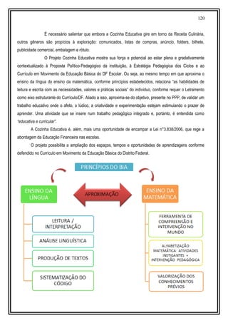 120
É necessário salientar que embora a Cozinha Educativa gire em torno da Receita Culinária,
outros gêneros são propícios à exploração: comunicados, listas de compras, anúncio, folders, bilhete,
publicidade comercial, embalagem e rótulo.
O Projeto Cozinha Educativa mostra sua força e potencial ao estar plena e gradativamente
contextualizado à Proposta Político-Pedagógico da instituição, à Estratégia Pedagógica dos Ciclos e ao
Currículo em Movimento da Educação Básica do DF Escolar. Ou seja, ao mesmo tempo em que aproxima o
ensino da língua do ensino da matemática, conforme princípios estabelecidos, relaciona “as habilidades de
leitura e escrita com as necessidades, valores e práticas sociais” do indivíduo, conforme requer o Letramento
como eixo estruturante do Currículo/DF. Aliado a isso, aproxima-se do objetivo, presente no PPP, de validar um
trabalho educativo onde o afeto, o lúdico, a criatividade e experimentação estejam estimulando o prazer de
aprender. Uma atividade que se insere num trabalho pedagógico integrado e, portanto, é entendida como
“educativa e curricular”.
A Cozinha Educativa é, além, mais uma oportunidade de encampar a Lei n°3.838/2006, que rege a
abordagem da Educação Financeira nas escolas.
O projeto possibilita a ampliação dos espaços, tempos e oportunidades de aprendizagens conforme
defendido no Currículo em Movimento da Educação Básica do Distrito Federal.
 