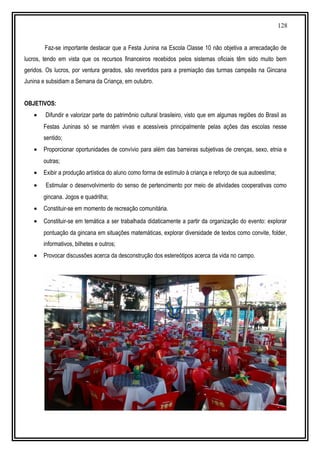 128
Faz-se importante destacar que a Festa Junina na Escola Classe 10 não objetiva a arrecadação de
lucros, tendo em vista que os recursos financeiros recebidos pelos sistemas oficiais têm sido muito bem
geridos. Os lucros, por ventura gerados, são revertidos para a premiação das turmas campeãs na Gincana
Junina e subsidiam a Semana da Criança, em outubro.
OBJETIVOS:
• Difundir e valorizar parte do patrimônio cultural brasileiro, visto que em algumas regiões do Brasil as
Festas Juninas só se mantêm vivas e acessíveis principalmente pelas ações das escolas nesse
sentido;
• Proporcionar oportunidades de convívio para além das barreiras subjetivas de crenças, sexo, etnia e
outras;
• Exibir a produção artística do aluno como forma de estímulo à criança e reforço de sua autoestima;
• Estimular o desenvolvimento do senso de pertencimento por meio de atividades cooperativas como
gincana. Jogos e quadrilha;
• Constituir-se em momento de recreação comunitária.
• Constituir-se em temática a ser trabalhada didaticamente a partir da organização do evento: explorar
pontuação da gincana em situações matemáticas, explorar diversidade de textos como convite, folder,
informativos, bilhetes e outros;
• Provocar discussões acerca da desconstrução dos estereótipos acerca da vida no campo.
 