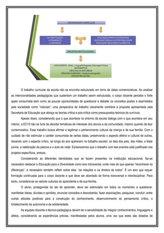 O trabalho curricular da escola não se encontra estruturado em torno de datas comemorativas. Ao analisar
as intencionalidades pedagógicas que sustentam um trabalho assim estruturado, o corpo docente percebe o forte
apelo consumista bem como as poucas oportunidades de questionar e debater os conceitos postos e assimilados
pela sociedade como “naturais”; uma perspectiva de trabalho claramente contrária à proposta apresentada pela
Secretaria de Educação que abraça as teorias crítica e pós-crítica como pressupostos teóricos do currículo.
Apesar disso, considerando que o que acontece no entorno da escola dialoga com o que acontece em seu
interior, a EC10 não se furta de abordar temáticas de interesse dos alunos e da comunidade, mesmo quando de teor
comemorativo. Esse trabalho busca afirmar e legitimar o pertencimento cultural da criança e de sua família. Com o
cuidado de não estimular o caráter consumista de certas datas, preservando o aspecto afetivo e cultural de outras,
dosando com o aspecto crítico, ao longo do ano aparecem no trabalho escolar: os dias dos pais, das mães, a festa
junina, a celebração da páscoa e o auto de natal. Esclarecemos que o trabalho com tais eventos está justificado nos
projetos específicos, anexos.
Considerando as diferentes identidades que se fazem presentes na instituição educacional, faz-se
necessário destacar a Educação para a Diversidade como eixo transversal, onde mais do que apenas “reconhecer as
diferenças”, é necessário também refletir sobre elas: “as relações e os direitos de todos”. É um eixo que requer
formação continuada para o corpo docente e que deve ser abordado de forma transversal e interdisciplinar. Para
tanto, considera-se os valores culturais do aprendente e de sua família.
O aluno, protagonista do ato de aprender, deve ser estimulado em todos os momentos a questionar,
manifestar ideias, dúvidas e opiniões, enunciar conceitos e descobertas, fazer associações, pesquisar, concluir, entre
outras atitudes positivas para a construção do conhecimento, desenvolvimento do pensamento crítico, o
fortalecimento da autonomia e da solidariedade.
As equipes docente e técnico-pedagógica devem ter a sensibilidade de integrar conhecimentos, linguagens e
afetos, considerando as experiências prévias, manifestadas pelos alunos, uma vez que estes são dotados de
 
