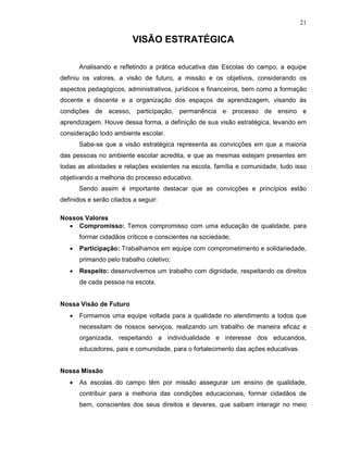21

                          VISÃO ESTRATÉGICA

       Analisando e refletindo a prática educativa das Escolas do campo, a equipe
definiu os valores, a visão de futuro, a missão e os objetivos, considerando os
aspectos pedagógicos, administrativos, jurídicos e financeiros, bem como a formação
docente e discente e a organização dos espaços de aprendizagem, visando às
condições de acesso, participação, permanência e processo de ensino e
aprendizagem. Houve dessa forma, a definição de sua visão estratégica, levando em
consideração todo ambiente escolar.
       Sabe-se que a visão estratégica representa as convicções em que a maioria
das pessoas no ambiente escolar acredita, e que as mesmas estejam presentes em
todas as atividades e relações existentes na escola, família e comunidade, tudo isso
objetivando a melhoria do processo educativo.
       Sendo assim é importante destacar que as convicções e princípios estão
definidos e serão citados a seguir:

Nossos Valores
  • Compromisso: Temos compromisso com uma educação de qualidade, para
       formar cidadãos críticos e conscientes na sociedade;
   •   Participação: Trabalhamos em equipe com comprometimento e solidariedade,
       primando pelo trabalho coletivo;
   •   Respeito: desenvolvemos um trabalho com dignidade, respeitando os direitos
       de cada pessoa na escola.


Nossa Visão de Futuro
   •   Formamos uma equipe voltada para a qualidade no atendimento a todos que
       necessitam de nossos serviços, realizando um trabalho de maneira eficaz e
       organizada, respeitando a individualidade e interesse dos educandos,
       educadores, pais e comunidade, para o fortalecimento das ações educativas.


Nossa Missão
   •   As escolas do campo têm por missão assegurar um ensino de qualidade,
       contribuir para a melhoria das condições educacionais, formar cidadãos de
       bem, conscientes dos seus direitos e deveres, que saibam interagir no meio
 