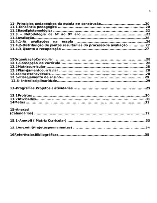 4 
11- Princípios pedagógicos da escola em construção......................................20 
11.1-Tendência pedagógica ...........................................................................20 
11.2BaseEpistemológica ...............................................................................22 
11.3 – Metodologia de 6º ao 9º ano........................................................22 
11.4Avaliação...............................................................................................26 
11.4.1–As avaliações na escola ...........................................................26 
11.4.2–Distribuição de pontos resultantes do processo de avaliação …............27 
11.4.3–Quanto a recuperação .......................................................................27 
12OrganizaçãoCurricular .............................................................................28 
12.1–Concepção de currículo ....................................................................... 28 
12.2Matrizcurricular .....................................................................................28 
12.3Planejamentocurricular ..........................................................................28 
12.4Temastransversais..................................................................................28 
12.5–Planejamento de ensino....................................................................... 29 
12.6- Interdisciplinaridade............................................................................29 
13–Programas,Projetos e atividades ..............................................................29 
13.1Projetos ................................................................................................30 
13.2Atividades..............................................................................................31 
14Metas ......................................................................................................31 
15–AnexosI 
(Calendários) ...............................................................................................32 
15.1–AnexoII ( Matriz Curricular) ...................................................................33 
15.2AnexoIII(Projetospermanentes) ..............................................................34 
16ReferênciasBibliográficas..........................................................................35 
 