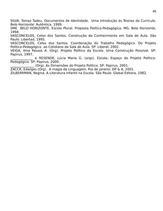 46 
SILVA, Tomaz Tadeu. Documentos de Identidade. Uma Introdução às Teorias do Curriculo. 
Belo Horizonte: Autêntica, 1999. 
SME BELO HORIZONTE. Escola Plural. Proposta Político-Pedagógica. MG. Belo Horizonte, 
1994. 
VASCONCELOS, Celso dos Santos. Construção do Conhecimento em Sala de Aula. São 
Paulo: Libertad, 1995. 
VASCONCELOS, Celso dos Santos. Coordenação do Trabalho Pedagógico. Do Projeto 
Político-Pedagógico ao Cotidiano da Sala de Aula. SP: Liberal, 2002. 
VEIGA, Ilma Passos A. (Org). Projeto Político da Escola: Uma Construção Possível. SP: 
Papirus, 1997. 
______________ e RESENDE, Lúcia Maria G. (orgs). Escola: Espaço do Projeto Político- 
Pedagógico. SP: Papirus, 2000. 
_______________ (Org). As Dimensões do Projeto Político. SP: Papirus, 2001. 
ZACCR, Edwiges (Org). A magia da Linguagem. Rio de janeiro: DP & A, 2001. 
ZILBERRMAN, Regina. A Literatura Infantil na Escola. São Paulo: Global Editora, 1982. 
