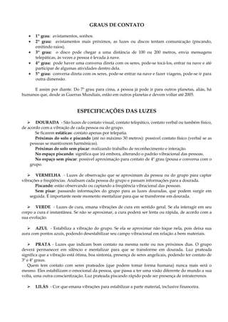 GRAUS DE CONTATO
• 1º grau: avistamentos, sonhos.
• 2º grau: avistamentos mais próximos, as luzes ou discos tentam comunicação (piscando,
emitindo raios).
• 3º grau: o disco pode chegar a uma distância de 100 ou 200 metros, envia mensagens
telepáticas, às vezes a pessoa é levada à nave.
• 4º grau: pode haver uma conversa direta com os seres, pode-se tocá-los, entrar na nave e até
participar de algumas atividades dentro dela.
• 5º grau: conversa direta com os seres, pode-se entrar na nave e fazer viagens, pode-se ir para
outra dimensão.
E assim por diante. Do 7º grau para cima, a pessoa já pode ir para outros planetas, aliás, há
humanos que, desde as Guerras Mundiais, estão em outros planetas e devem voltar até 2005.
ESPECIFICAÇÕES DAS LUZES
 DOURADA - São luzes de contato visual, contato telepático, contato verbal ou também físico,
de acordo com a vibração de cada pessoa ou do grupo.
Se ficarem estáticas: contato apenas por telepatia.
Próximas do solo e piscando (até no máximo 30 metros): possível contato físico (verbal se as
pessoas se mantiverem harmônicas).
Próximas do solo sem piscar: realizando trabalho de reconhecimento e interação.
No espaço piscando: significa que irá embora, alterando o padrão vibracional das pessoas.
No espaço sem piscar: possível aproximação para contato de 4º grau (pousa e conversa com o
grupo.
 VERMELHA - Luzes de observação que se aproximam da pessoa ou do grupo para captar
vibrações e freqüências. Analisam cada pessoa do grupo e passam informações para a dourada.
Piscando: estão observando ou captando a freqüência vibracional das pessoas.
Sem pisar: passando informações do grupo para as luzes douradas, que podem surgir em
seguida. É importante neste momento mentalizar para que se transforme em dourada.
 VERDE - Luzes de cura, emana vibrações de cura em sentido geral. Se ela interagir em seu
corpo a cura é instantânea. Se não se aproximar, a cura poderá ser lenta ou rápida, de acordo com a
sua evolução.
 AZUL - Estabiliza a vibração do grupo. Se ela se aproximar não toque nela, pois deixa sua
aura com pontos azuis, podendo desestabilizar seu campo vibracional em relação a bens materiais.
 PRATA - Luzes que indicam bom contato na mesma noite ou nos próximos dias. O grupo
deverá permanecer em silêncio e mentalizar para que se transforme em dourada. Luz prateada
significa que a vibração está ótima, boa sintonia, presença de seres angelicais, podendo ter contato de
3º e 4º graus.
Quem tem contato com seres prateados (que podem tomar forma humana) nunca mais será o
mesmo. Eles estabilizam o emocional da pessoa, que passa a ter uma visão diferente do mundo a sua
volta, uma outra conscientização. Luz prateada piscando rápido pode ser presença de intraterrenos.
 LILÁS - Cor que emana vibrações para estabilizar a parte material, inclusive financeira.
 