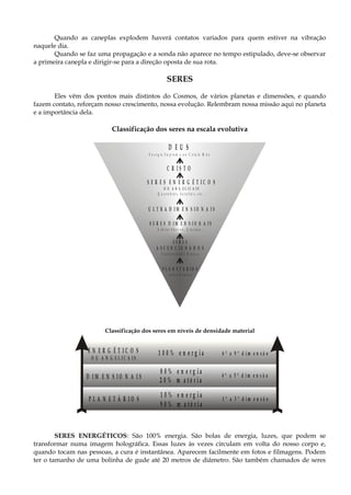 Quando as caneplas explodem haverá contatos variados para quem estiver na vibração
naquele dia.
Quando se faz uma propagação e a sonda não aparece no tempo estipulado, deve-se observar
a primeira canepla e dirigir-se para a direção oposta de sua rota.
SERES
Eles vêm dos pontos mais distintos do Cosmos, de vários planetas e dimensões, e quando
fazem contato, reforçam nosso crescimento, nossa evolução. Relembram nossa missão aqui no planeta
e a importância dela.
Classificação dos seres na escala evolutiva
D E U S
E n e r g ia S u p r e m a o u C é l u la M ã e
C R I S T O
S E R E S E N E R G É T I C O S
O U A N G E L I C A I S
Q u e r u b i n s , S e r a f i n s , e t c .. .
S E R E S D I M E N S I O N A I S
A s h t a r S h e r a n , A t a r i a n , . ..
S E R E S
A S C E N C I O N A D O S
F r a t e r n i d a d e B r a n c a
P L A N E T Á R I O S
s e r e s d e n s o s
U L T R A D I M E N S I O N A I S
Classificação dos seres em níveis de densidade material
D I M E N S I O N A I S
P L A N E T Á R I O S
4 ª a 5 ª d i m e n s ã o
1 ª a 3 ª d i m e n s ã o
E N E R G É T I C O S
O U A N G E L I C A I S
6 ª a 9 ª d i m e n s ã o
8 0 % e n e r g i a
1 0 % e n e r g i a
9 0 % m a t é r i a
2 0 % m a t é r i a
1 0 0 % e n e r g i a
SERES ENERGÉTICOS: São 100% energia. São bolas de energia, luzes, que podem se
transformar numa imagem holográfica. Essas luzes às vezes circulam em volta do nosso corpo e,
quando tocam nas pessoas, a cura é instantânea. Aparecem facilmente em fotos e filmagens. Podem
ter o tamanho de uma bolinha de gude até 20 metros de diâmetro. São também chamados de seres
 