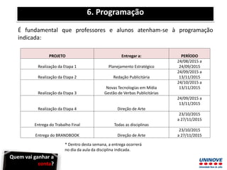 6. Programação
PROJETO Entregar a: PERÍODO
Realização da Etapa 1 Planejamento Estratégico
24/08/2015 a
24/09/2015
Realização da Etapa 2 Redação Publicitária
24/09/2015 a
13/11/2015
Realização da Etapa 3
Novas Tecnologias em Mídia
Gestão de Verbas Publicitárias
24/10/2015 a
13/11/2015
Realização da Etapa 4 Direção de Arte
24/09/2015 a
13/11/2015
Entrega do Trabalho Final Todas as disciplinas
23/10/2015
a 27/11/2015
Entrega do BRANDBOOK Direção de Arte
23/10/2015
a 27/11/2015
É fundamental que professores e alunos atenham-se à programação
indicada:
* Dentro desta semana, a entrega ocorrerá
no dia da aula da disciplina indicada.
Quem vai ganhar a
conta?
 
