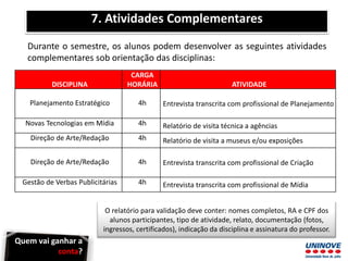 7. Atividades Complementares
Durante o semestre, os alunos podem desenvolver as seguintes atividades
complementares sob orientação das disciplinas:
DISCIPLINA
CARGA
HORÁRIA ATIVIDADE
Planejamento Estratégico 4h Entrevista transcrita com profissional de Planejamento
Novas Tecnologias em Mídia 4h Relatório de visita técnica a agências
Direção de Arte/Redação 4h Relatório de visita a museus e/ou exposições
Direção de Arte/Redação 4h Entrevista transcrita com profissional de Criação
Gestão de Verbas Publicitárias 4h Entrevista transcrita com profissional de Mídia
O relatório para validação deve conter: nomes completos, RA e CPF dos
alunos participantes, tipo de atividade, relato, documentação (fotos,
ingressos, certificados), indicação da disciplina e assinatura do professor.
Quem vai ganhar a
conta?
 