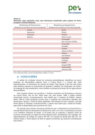 !
                                                                                                              !
                                                                                                              !
Tabela 12
Municípios cujas populações serão mais diretamente beneficiadas pelos projetos do Porto,
Aeroporto e Distrito Industrial
        Beneficiários de Primeiro Grau                             Beneficiários de Segundo Grau
 (Distância de até 20 km do local dos projetos))            (Distância de até 40 km do local dos projetos))
                       Goiana                                                         Recife
                       Itapissuma                                                     Olinda
                       Itamaracá                                                      Paulista
                       Igarassu                                                       Abreu e Lima
                                                                                      Camaragibe
                                                                                      São Lourenço da Mata
                                                                                      Araçoaiaba
                                                                                      Paudalho
                                                                                      Carpina
                                                                                      Nazaré da Mata
                                                                                      Aliança
                                                                                      Tracunhaém
                                                                                      Itaquitinga
                                                                                      Condado
                                                                                      Itambé
                                                                                      Caaporã (PB)
                                                                                      Pitimbu (PB)
                                                                                      Alhandra (PB)
Nota: apenas os municípios cujos nomes aparecem no mapa Google foram identificados.
Fonte: elaboração própria, a partir do Google Maps (ver figura 11, acima)


      6. CONCLUSÕES
     A análise da evolução recente da economia pernambucana identificou um grave
problema de desequilíbrio espacial entre o Litoral Norte e o Litoral Sul, mais
especificamente, os municípios do entorno de Suape. Não apenas o Sul tem sido muito
mais dinâmico (quanto ao crescimento do produto e também, por implicação, da renda e
do emprego de suas populações), como também as perspectivas atuais são de agravamento
deste problema.
     Essa situação embute um paradoxo: a história econômica de Pernambuco começou
no Litoral Norte, não no Sul. Além disso, até, pelo menos, 1980, a região costeira
setentrional cresceu, economicamente, mais rápido que o conjunto do Estado, embora
desde 1949 já vinha perdendo terreno para o conjunto dos municípios Jaboatão dos
Guararapes/ Ipojuca / Cabo de Santo Agostinho. Nos últimos 25 anos, contudo, o Litoral
Norte passou a caminhar, economicamente, a passos mais lentos que a média do Estado,
agravando as disparidades que já estavam em curso.
     No período mais recente, há poucas dúvidas de que o dinamismo do Litoral Sul (e a
correspondente falta de dinamismo do Norte) tem tudo a ver com a consolidação do porto
e do complexo industrial de Suape. A tal ponto que já começam a aparecer sinais de
excessiva concentração na região em torno daquele porto, manifestados, por exemplo, nos
engarrafamentos de tráfego na rodovia PE 60 e na entrada do Recife pela BR 101. Ao
mesmo tempo, o Norte padece da falta de opções econômicas que possam contrabalançar
estes efeitos.


                                                            ('!
      !
 