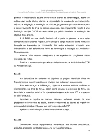 Portfólio de Projetos Estratégicos-PRDA
    Programa Ciência, Tecnologia e Inovação . Projeto: Rede de Ciência, Tecnologia e Inovação da Amazônia – Retec Amazônia


politicas e institucionais devem propor nesse evento de sensibilização, aberto ao
publico alvo desta tríplice aliança, a necessidade da criação de um instrumento-
veiculo de integração e articulação de politicas, programas e produtos voltados para
o desenvolvimento de CT&I na região amazônica. Este instrumento veículo é uma
Instituição do tipo OSCIP ou Associação que possa contribuir na realização do
objetivo deste projeto.
        A SUDAM, na sua missão institucional, a partir da gênese de uma ação
compartilhada de alcance regional, deve abrigar o berço incubador desta instituição
baseada na integração da cooperação das redes existentes enquanto uma
interveniente a ser denominada Rede de Tecnologia e Inovação da Amazônia–
RetecAmazônia.
        Realizar uma revisão bibliográfica e de experiências congêneres sobre
integração de redes.
        Realizar o levantamento georreferenciado das redes de instituições de C,T&I
da Amazônia Legal.



Fase II

        Na perspectiva de fomentar os objetivos do projeto, identificar linhas de
financiamento e incentivos públicos e privados que fortaleçam a cooperação.
        Para comunicação e informação, organizar e realizar eventos nacionais e
internacionais na área de C,T&I, assim como divulgar a produção de C,T&I da
Amazônia e incentivar estudos de promoção da cooperação entre IES e empresas
do setor produtivo.
        Incentivar o registro de marcas, patentes, softwares através de uma
prospecção da sua base de dados, avaliar a viabilidade do pedido de registro de
propriedade intelectual. E buscar sua efetiva emissão pelo INPI.
        Apoiar a comercialização e licenciamento de tecnologia.




Fase III

        Desenvolver novos equipamentos apropriados aos biomas amazônicos,
produtos, processos e métodos focados na inovação tecnológica.
                                                                                                                             10
 